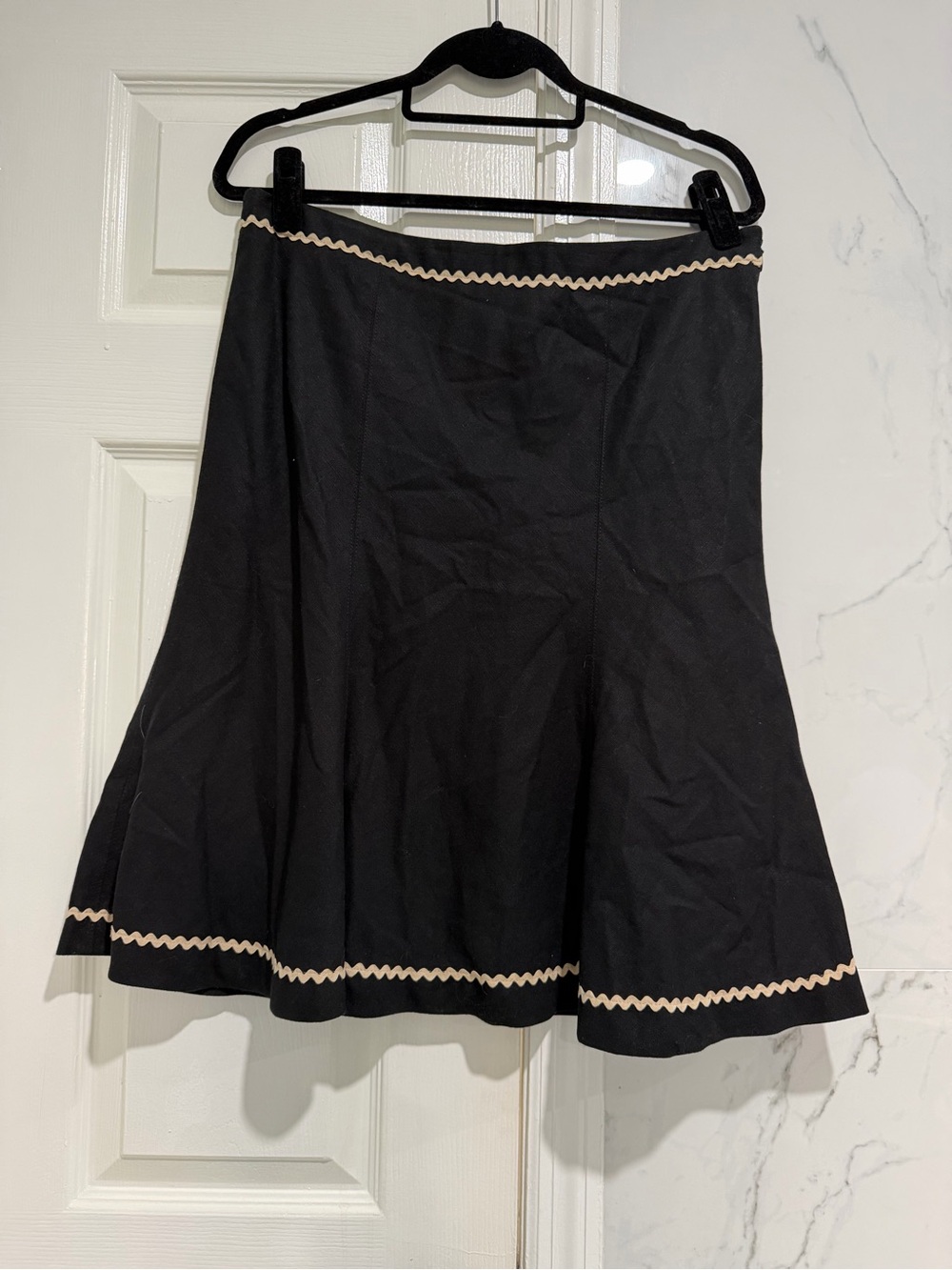 Yoana Baraschi Black A-Line lined linen Skirt with Cream Zigzag Trim